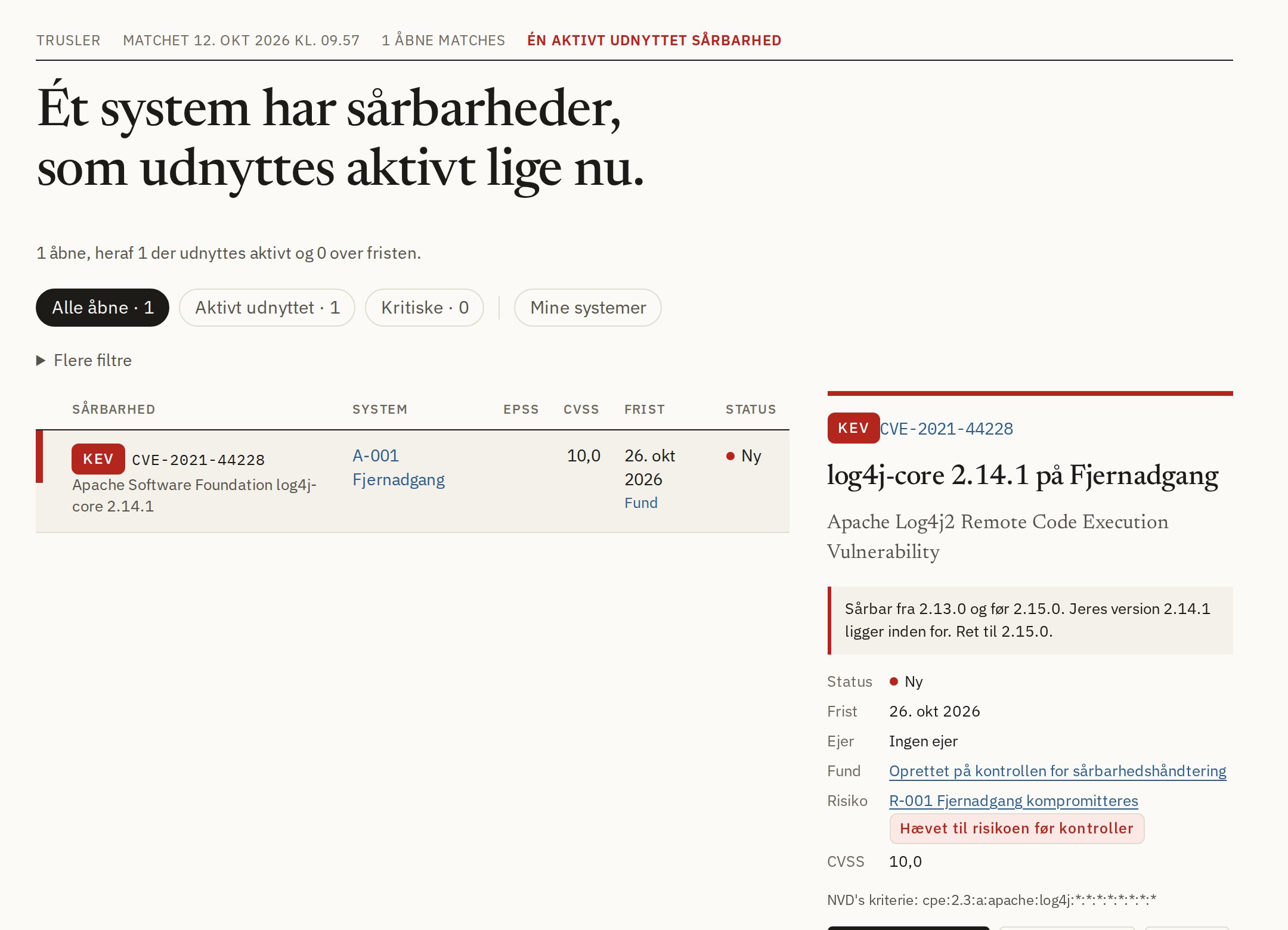 Trusler: sårbarheder efter prioritet med KEV, EPSS og frist, og den valgte sårbarhed med sin koblede risiko.