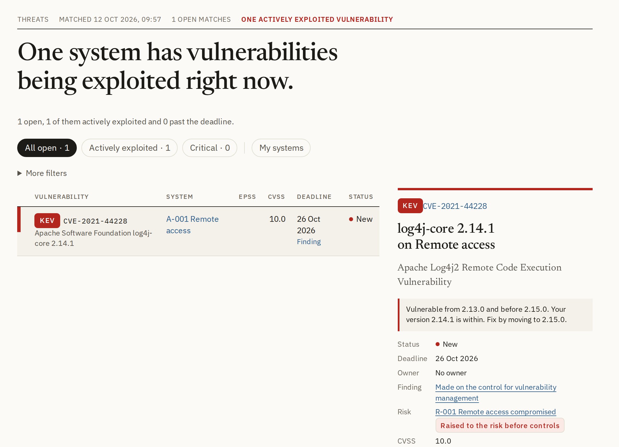 Threats: vulnerabilities by priority with KEV, EPSS and deadline, and the chosen vulnerability with its linked risk.